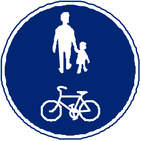 The image shows a blue circular sign with two smaller signs inside it: on top is an icon of a person walking next to another figure that appears to be riding a bicycle; below this symbol is one depicting a man and child standing together, also near what seems like a bike path or lane.