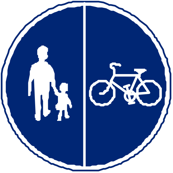 The image shows a blue circular sign with two white signs inside it: on top is an icon of a person walking next to another figure riding a bicycle; below that is an icon depicting a family, including one adult and one child standing beside each other in front of a bike symbolizing the presence of bikes.