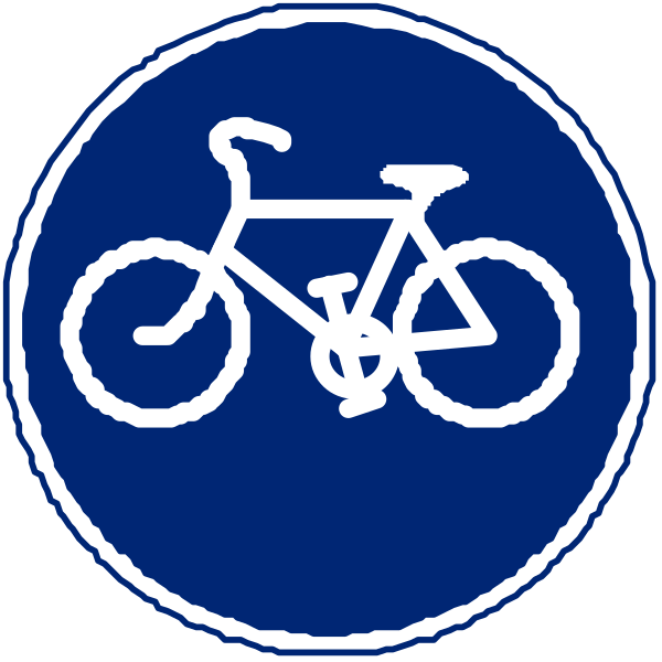 The image shows a blue sign with two white bicycle icons on it against a black background. There is no text present in this clip-art illustration. It appears to be an icon for bike parking, indicating that bikes can park there without any restrictions or fees. This type of symbol might typically appear near designated areas where cyclists are allowed to leave their bicycles temporarily while they visit nearby establishments such as shops and restaurants.