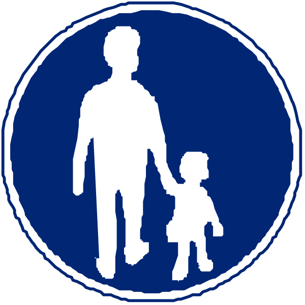 The image shows two circular signs with a blue background featuring white silhouettes of pedestrians on each side; there is no text present in this clip-art illustration.