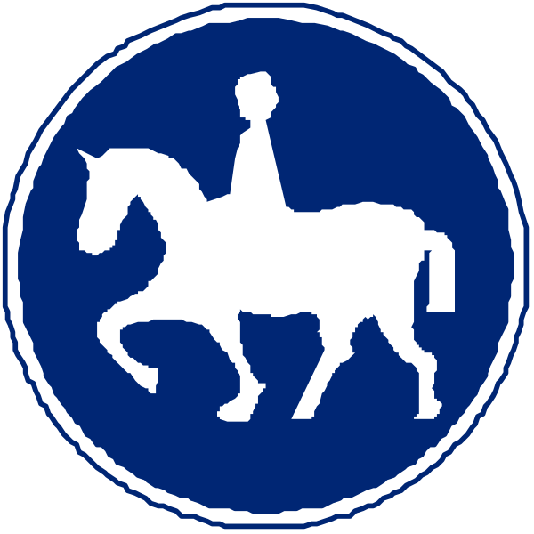 The image shows two circular emblems with a white silhouette of a person riding on top of a horse within each circle against blue backgrounds; there is no text present in this clip-art illustration.