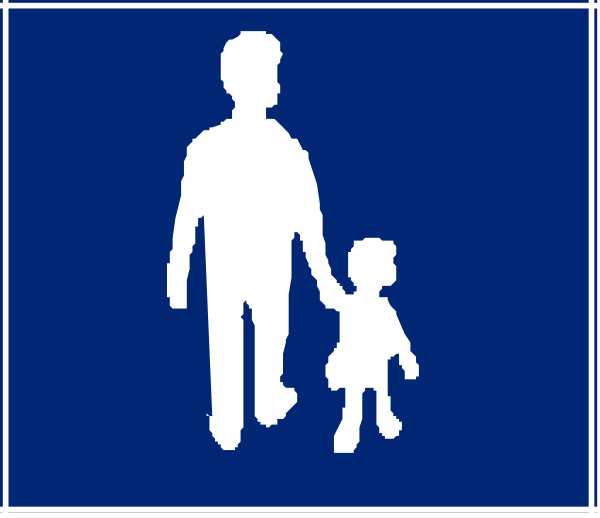 The image shows a blue sign with white text that reads "No Entry" at top left corner; below this is an icon of two figures walking together to right side under symbolic representation of man holding child's hand, indicating restricted access for families and children only in certain areas or zones.
