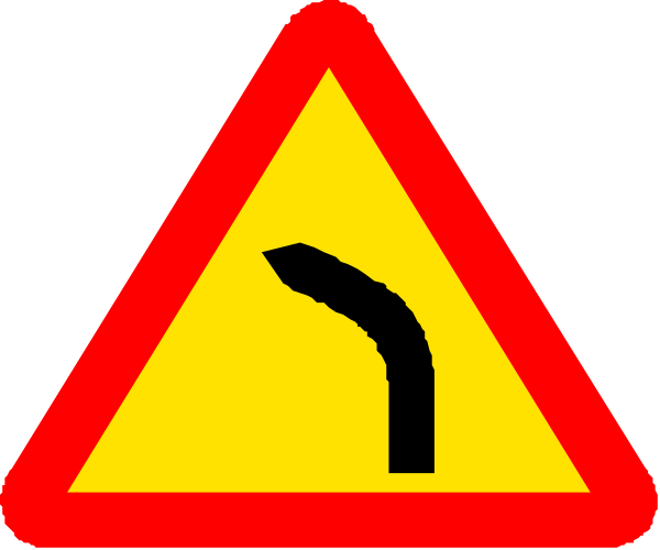 The image shows a red triangle sign with white borders containing two black arrows pointing upwards to indicate an upward turn ahead on a roadway.