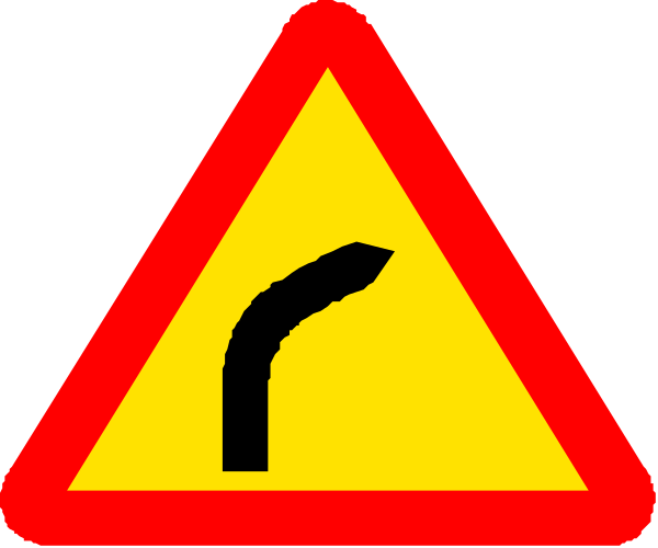 The image shows a red triangle sign with white borders containing two yellow signs: on top is an arrow pointing to its right indicating direction; below it is another symbol that looks like a curved line suggesting caution for drivers, and both symbols have black outlines against a gray background.