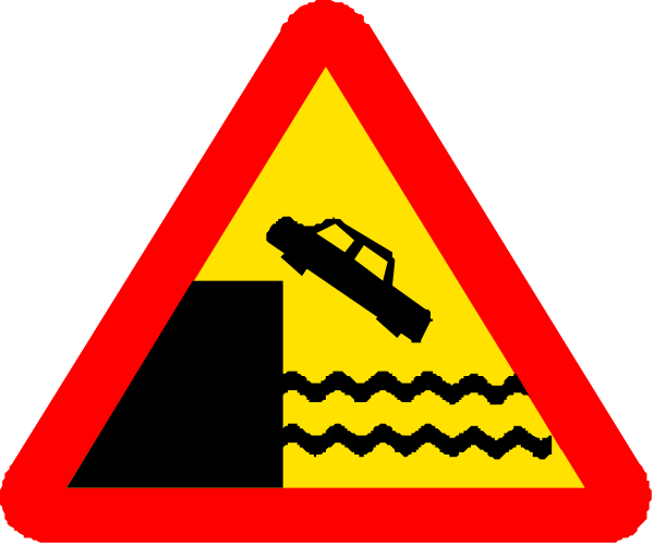 The image shows a trio of traffic signs with various symbols: on top is an upside down triangle signifying caution; in the middle features two arrows pointing to each other indicating merging lanes ahead, and below it depicts water flooding over roads or possibly rising tides near cars.