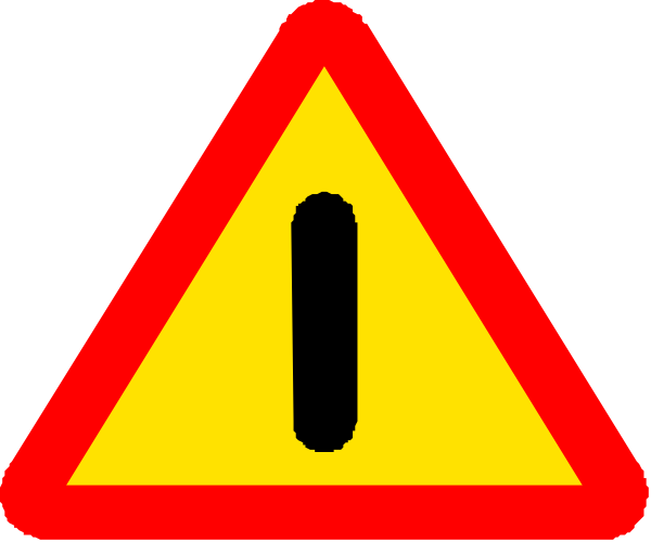 The image shows a red triangle with white borders containing three yellow triangles pointing upwards to form an arrow shape on top of each other against a gray background; there is also text that reads "CAUTION" in bold, black letters atop one of these arrows.