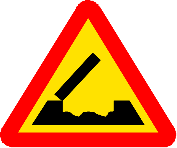The image shows a trio of warning signs with symbols indicating construction work ahead: two red triangle signs on top each other featuring an icon representing excavation equipment like shovels; below them is another sign, also in yellow and white but without any additional text or icons to provide further information. There are no people, animals, actions, or specific settings depicted within the image itself as it focuses solely on these warning signs. The style of this clip-art appears simple with a limited color palette consisting mainly of red, black, and yellow hues for contrast against its white background.