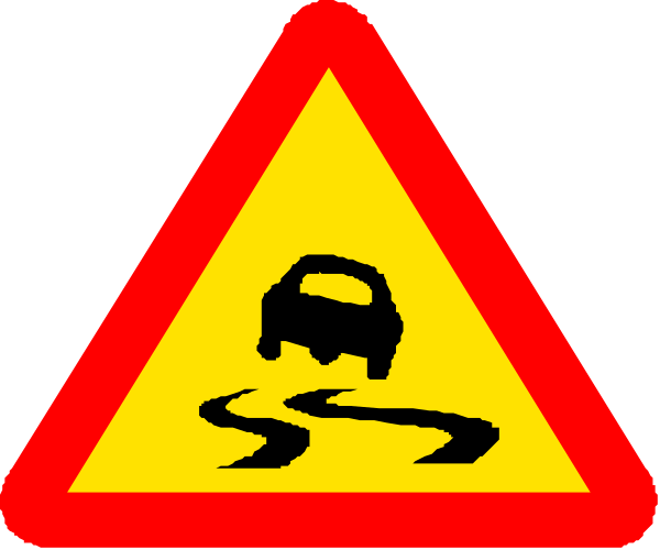 The image shows a trio of road signs with symbols indicating caution for drivers: two yellow diamond warning signs on top each other displaying an arrow pointing to the right side of the sign; below them is another red and white triangle-shaped traffic sign, which has been altered by adding graffiti.