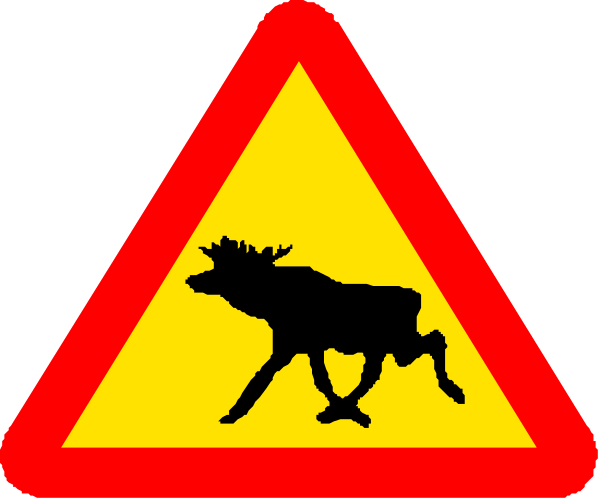 The image shows a trio of road signs with different symbols: on top is an animal crossing sign featuring deer; below it to its left is another warning about moose crossings; beneath that is yet another cautionary symbol, this time depicting two people running from danger or possibly being chased by something.