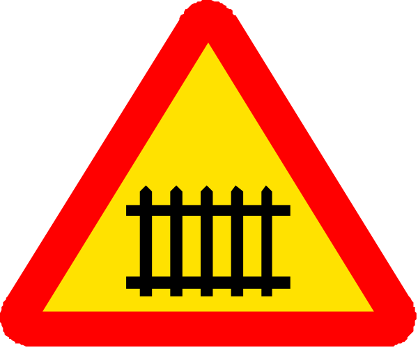 The image shows two red triangular warning signs with white borders against a gray background; each sign has an icon of railroad tracks at its center.