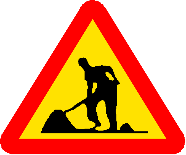 The image shows a trio of road signs with different symbols: on top is an arrow pointing left; below it to the right is another sign depicting construction work involving shoveling dirt by two figures, one standing and one kneeling down in front of them; at bottom center there's a red triangle warning about digging or excavation.