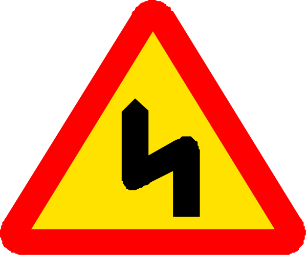 The image shows a red triangle sign with white borders containing two black arrows pointing upwards at an angle to each other above another smaller triangular traffic warning sign below it that has three curved lines forming what appears to be a stylized letter 'h'.
