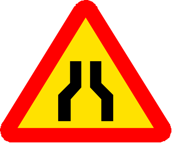 The image shows a red triangle with white borders containing two black silhouettes of merging traffic lanes on top left corner, an exclamation mark in center right side, and three yellow triangles pointing upwards to form a larger diamond shape below it all.