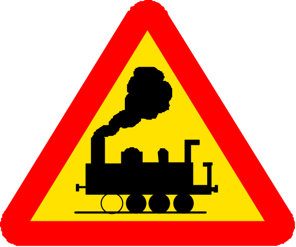 The image shows a trio of traffic signs with cartoon illustrations: on top is an orange triangle signifying caution; in the middle features smoke from train engines billowing into the air above two trains depicted as black silhouettes against white backgrounds, one larger than the other and both moving towards each other; at bottom left there's a red circle warning of steam locomotives.