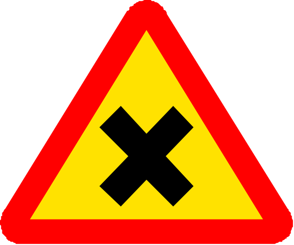 The image shows a red triangle with an exclamation mark inside it on top of two crossed out white triangles against a gray background.