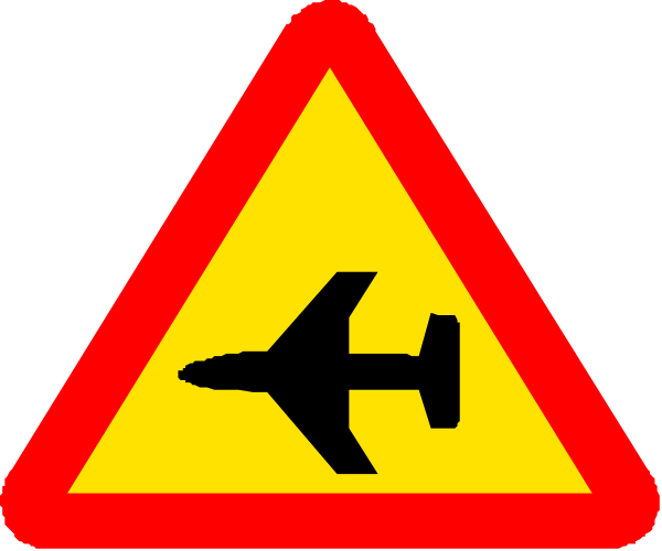The image shows a trio of traffic signs with an airplane on them against a gray background.