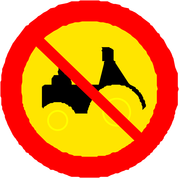 The image shows a red circle with three signs inside it: on top left is an icon of a tractor; bottom right has two icons - one depicts a truck without wheels (a flatbed), and another displays a car that appears to be in motion, indicated by wheel marks behind the vehicle. All these are prohibited as per the red circle with diagonal lines through them on top left corner. The background is black. There's no text or additional context provided within this image.