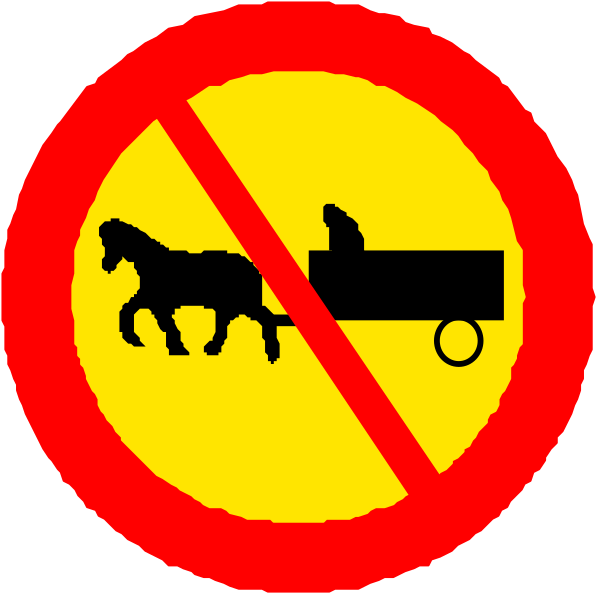 The image shows a red circle with three signs inside it against different backgrounds:

1) A sign indicating no horses allowed (a horse is depicted on top of an object that resembles a cart). 2) Another sign prohibiting vehicles, specifically cars or trucks. 3) Lastly, there's another circular symbol showing the same car/truck image as in point two but with a person riding it instead of being pulled by horses (the horse is still present on top of this object), suggesting that both forms are not allowed here. The background behind these signs appears