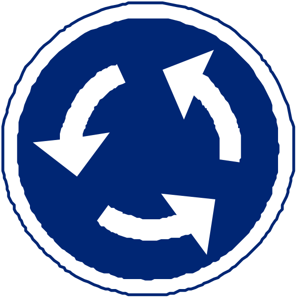 The image shows a blue circular sign with an arrow pointing to it from two different directions on either side of another circle that contains three arrows forming a loop inside it.