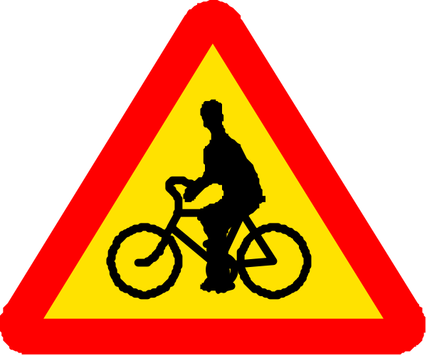 The image shows a red triangular traffic sign with white text indicating that bicycles should be allowed to pass through an area ahead; there is also another smaller rectangular yellow-and-black road safety warning below it, featuring silhouettes of people riding bikes and walking on footpaths or sidewalks.