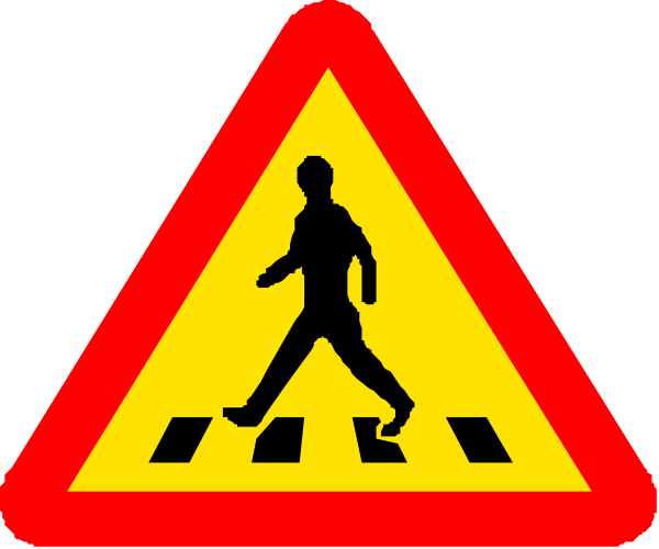 The image shows a red triangular traffic sign with white border featuring two black silhouettes of pedestrians walking on either side against an orange background; below this is another smaller rectangular yellow triangle-shaped street sign, also in red and white but without any additional details or symbols visible within the frame.
