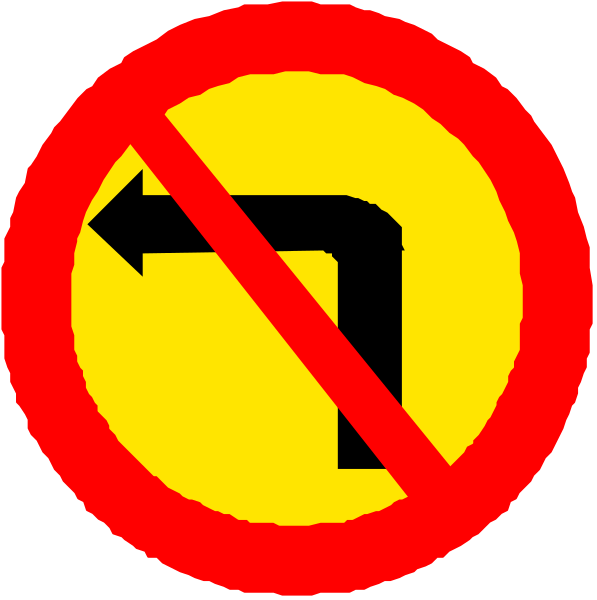 The image shows two signs: a red circle with an arrow pointing left inside it on top of another sign that is yellow and has a black line through its center indicating prohibition from turning in either direction at this location, which appears to be near a roadway or intersection where no right turns are allowed.