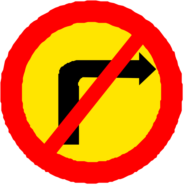 The image shows two signs: a red circle with an arrow pointing to its right side indicating no left turn allowed; and another sign below it showing that there is only one lane for traffic in this direction.