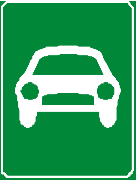 The image shows a green sign with an icon of a car on it against a white background.