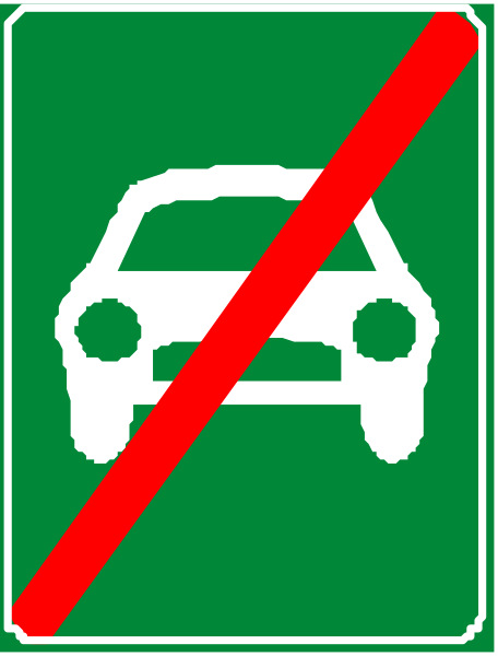 The image shows a red circle with an exclamation mark inside it on top of a green sign that has a white car icon crossed out by another symbol resembling a hand holding up two fingers in front of the word "no".