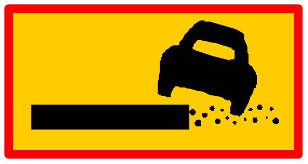 The image shows a red banner with yellow text at its top that reads "CAUTION" followed by an icon of a car crash on the bottom right corner against a black background.