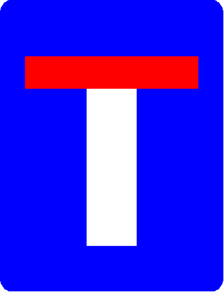 The image shows a blue sign with white text that reads "T" on it against an orange background inside what appears to be a gray box within another larger grey rectangle.