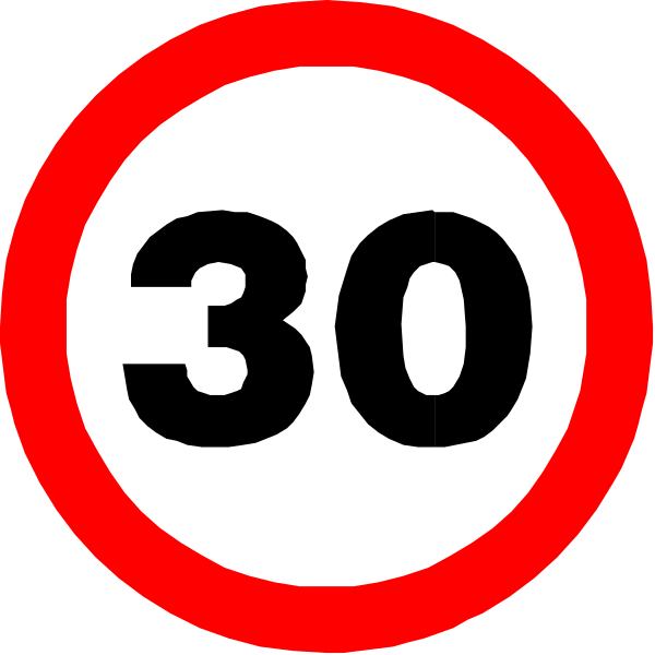 The image shows a red circular sign with white text that reads "30" inside it, indicating speed limit restrictions for vehicles on roads in some countries like Germany where 30 kmh is common. There's also an arrow pointing to this number from above and below, suggesting the direction of travel or movement allowed within these limits. The background appears plain black with no additional context provided about location or setting beyond what can be deduced by recognizing a speed limit sign. This image does not contain any people, animals, actions, objects other than those described herein.