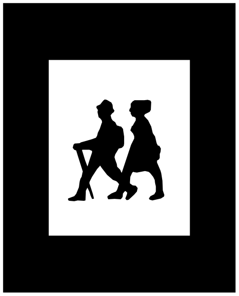 The black and white silhouette of two figures walking side by side with a cane between them against an abstract background.