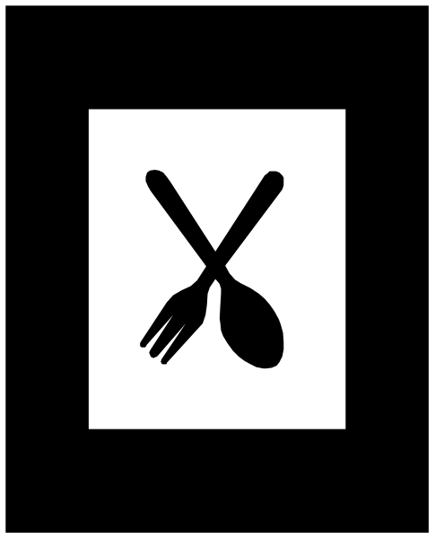 The image shows a black and white graphic with two crossed spoons inside an oval shape on top of what appears to be a piece of paper that has been torn from its edge along one side.