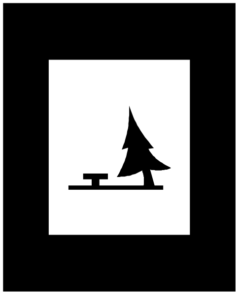 The black and white silhouette of a Christmas tree with an angel on top next to what appears to be a house in wintertime.