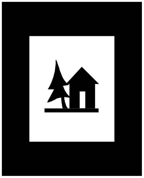 The image shows a black and white illustration of two houses with trees next to them on what appears to be an island in water.