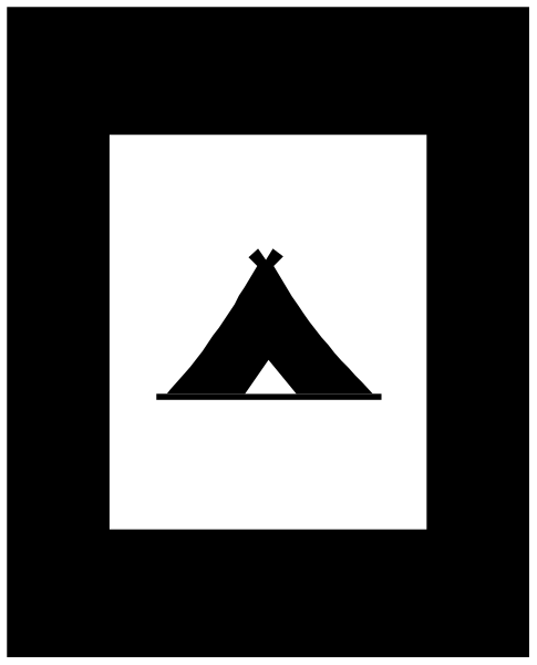 The image shows a black and white logo with an icon of a tent on it against a gray background.