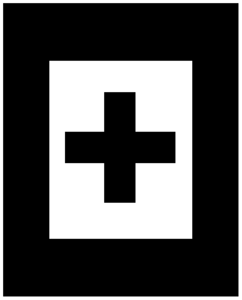 The image shows a pixelated representation of an electronic cross with four arms extending outward from its center on what appears to be a small screen within another larger square frame that is also black-and-white in color, giving it a retro video game aesthetic.