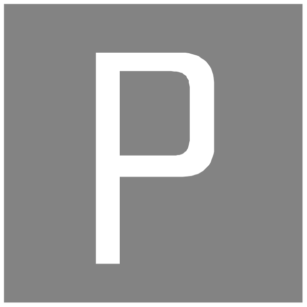 The image shows a gray parking sign with white lettering indicating "P" for Parking.
