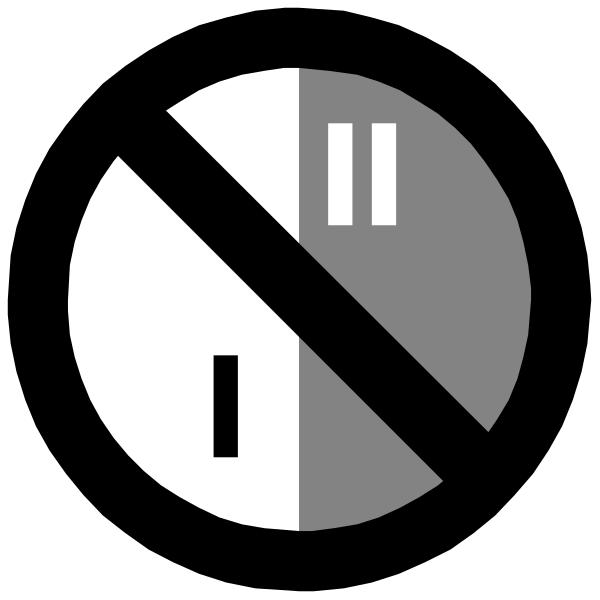 The image shows a black circle with two white lines forming an "X" overlaid on top of another icon that resembles a clock face without hands. Inside this inner symbol is a gray silhouette of what appears to be a person's head, and there are three symbols: one representing the number 12 (noon), which has been crossed out with an "X," indicating it may not apply; another showing two vertical lines that represent time or hours passing by at nighttime. The overall image seems to convey some form of prohibition against something related to a specific hour