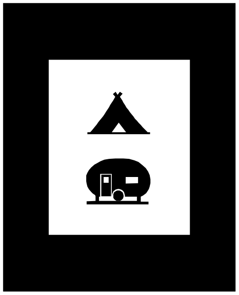 The black and white image shows a camping scene with an icon of a tent on top left corner, two icons representing humans in front center area, one human is holding what appears to be food items like hot dogs, hamburgers, and fries, while another has a backpack next to them. On the right side there's an image that resembles a car or truck with wheels on it placed below these two icons of humans. The background features lines suggesting trees in black coloring against white space. There is no text present within this small clip-art image.