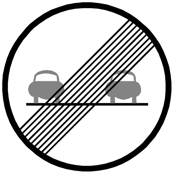 The image shows a black and white icon with two cars on either side of an arrow pointing to them from above, indicating that no vehicles can pass through this area due to construction work ahead.