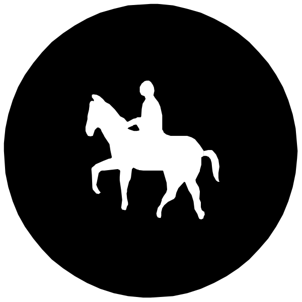 The black and white silhouette of a person riding on horseback against a dark background.
