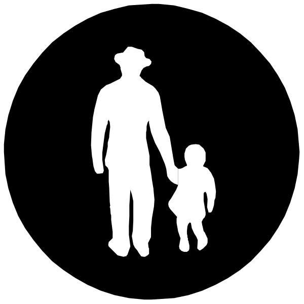 The black silhouette of a man walking with his child on an unspecified background.