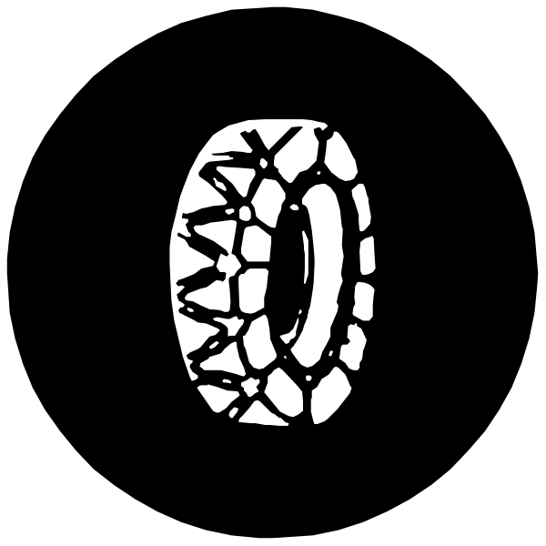 The black and white image shows a tire with visible treads on its sidewall against an indistinct background that does not provide any additional context about location or activity taking place beyond being in front of it, which is typical for clip-art images intended to represent objects without specific settings or actions.