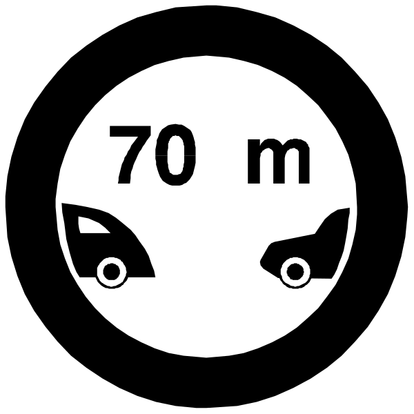 The image shows a black and white icon with text indicating 70 meters to an object that appears to be a truck on one side of it and another vehicle on the other side. There is also some additional information about speed limits, but this description focuses only on what's visible in the clip-art style illustration provided by you. The image does not contain any people or animals; its focus is solely on objects (truck) and their relative positions to each other within a given distance range of 70 meters from an observer's perspective, as indicated by "100