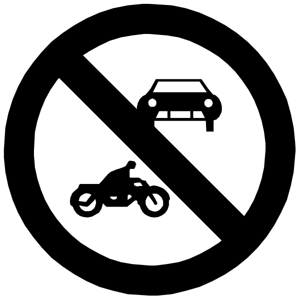 The black and white sign prohibits motorcycles from entering an area with a car symbol above it.