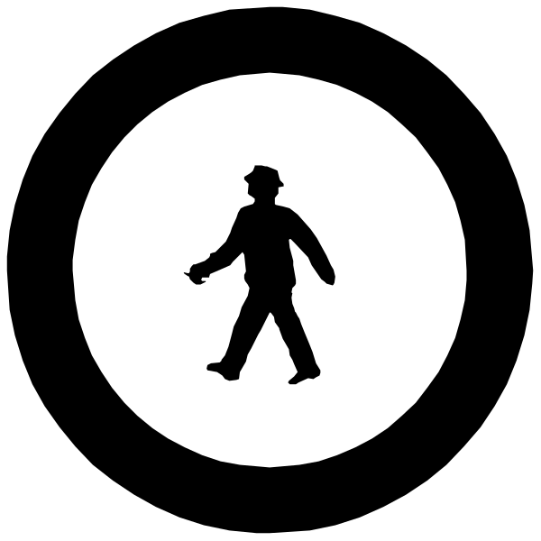 The black silhouette of a person walking on an icon that represents crossing guard duties within a white circle with a red border against a dark background.