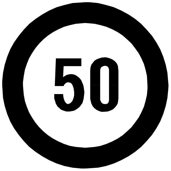 The image shows a black circle with white numbers indicating "50" inside it against an indistinct background.