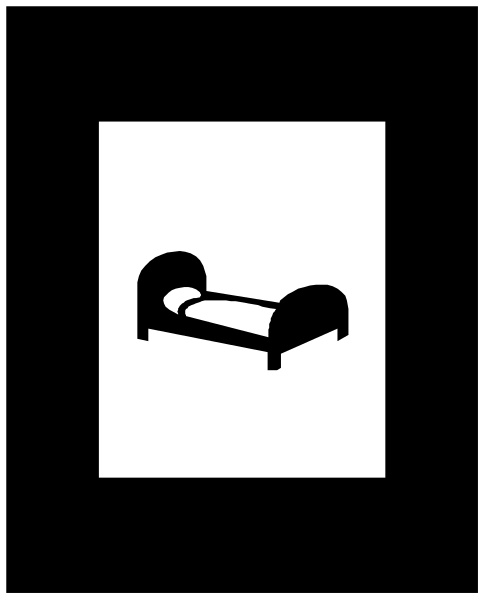The black and white photo shows a simple bed with two pillows on it against an abstract background that appears to be made up of lines in various directions creating different shapes like rectangles and triangles.